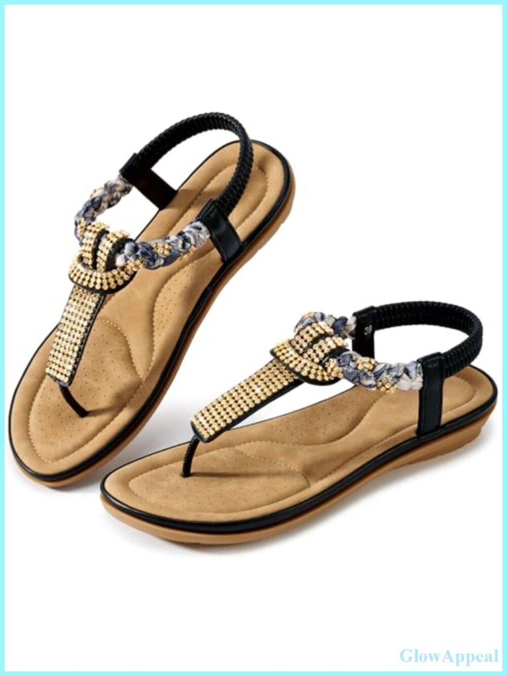 Aomigoct Women's Dressy Flat Sandals with Rhinestone & Faux Leather, Memory